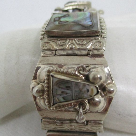 ABALONE MEXICAN SILVER Panel Bracelet Abalone Masks Rectangles Marked Mexico - Picture 3 of 15